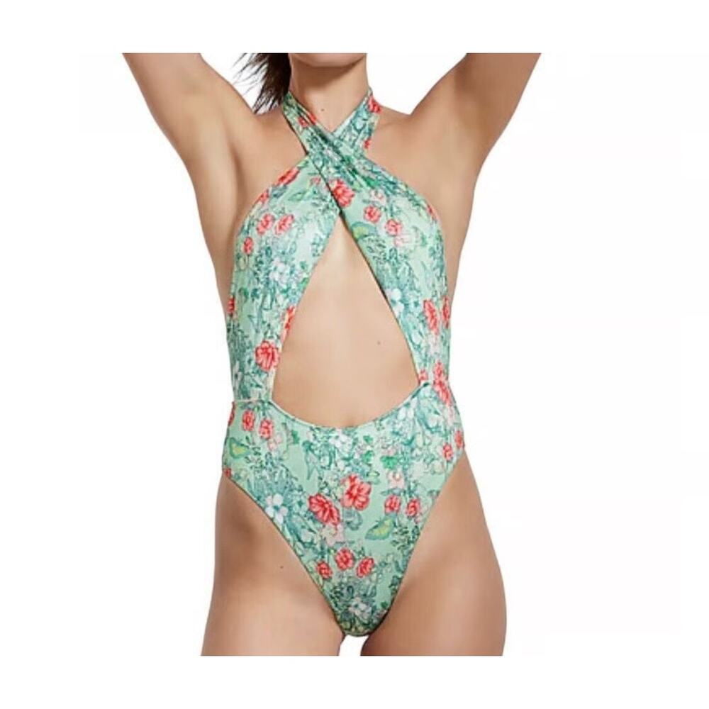 Victoria’s Secret wrap high neck halter one piece swimsuit green floral XS